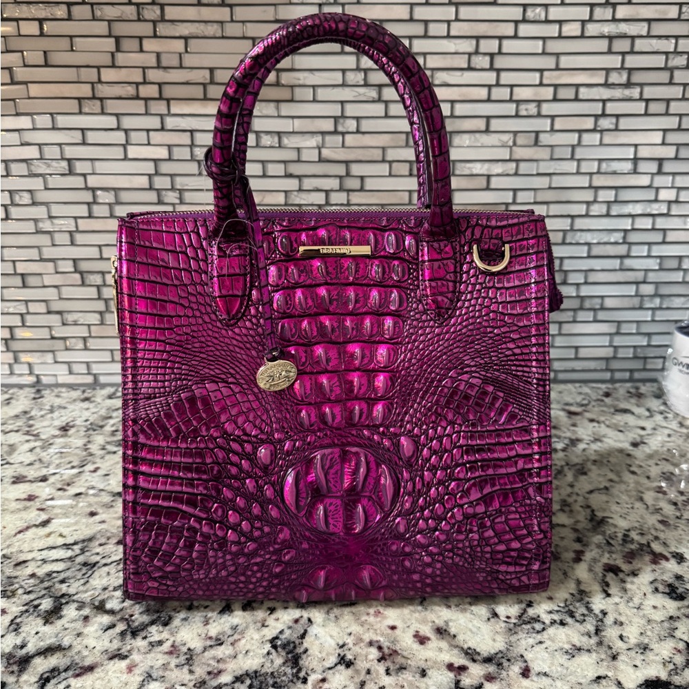 Brahmin Magenta Crocodile-Embossed Satchel